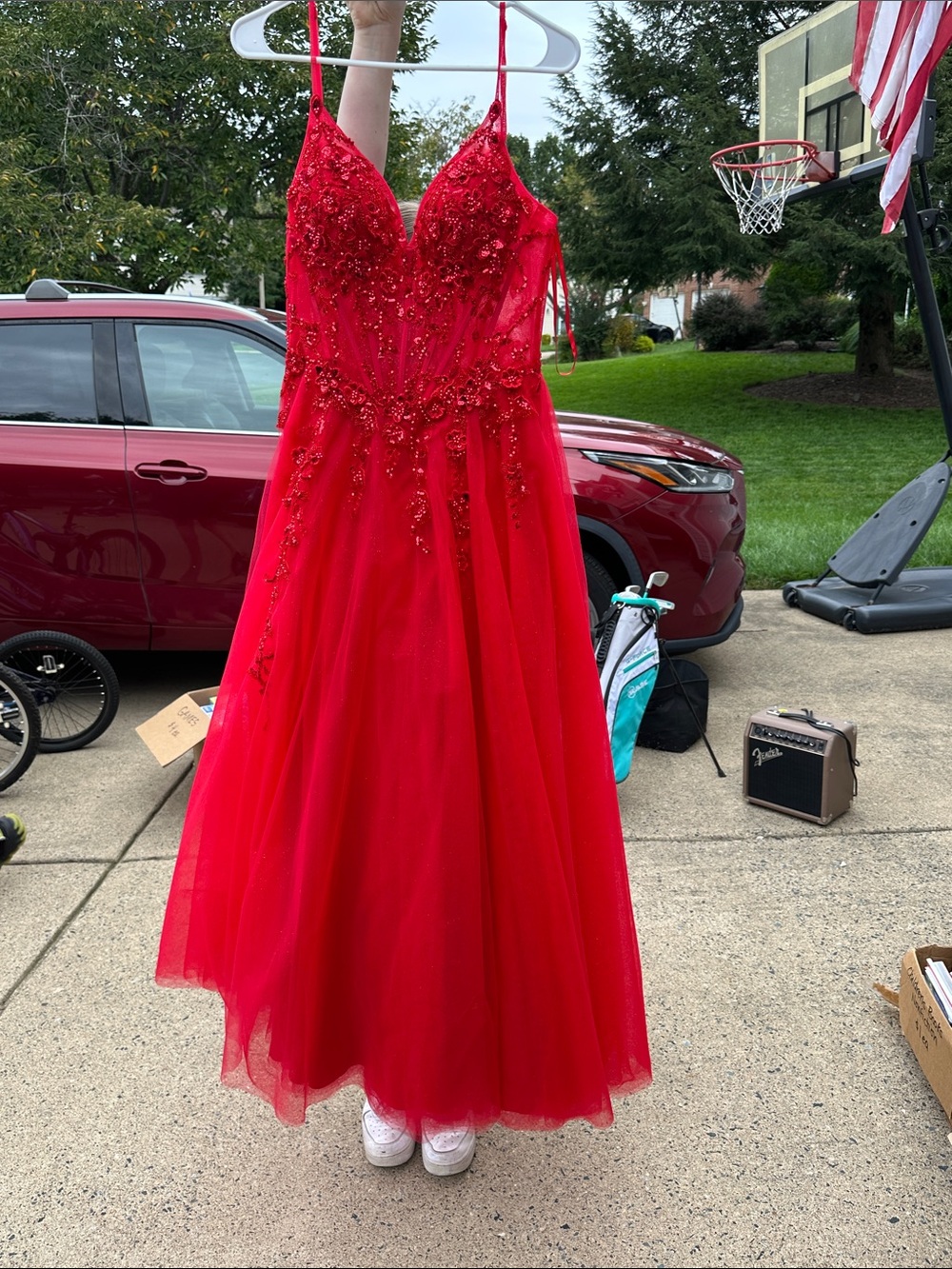 Scarlet Beaded Tulle Prom Dress with Spaghetti Straps